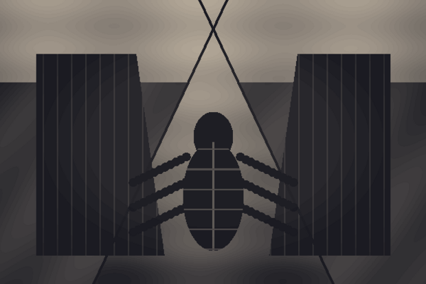 Dunkle surrealistische Illustration einer Insektengestalt in einem Flur mit zwei Tueren