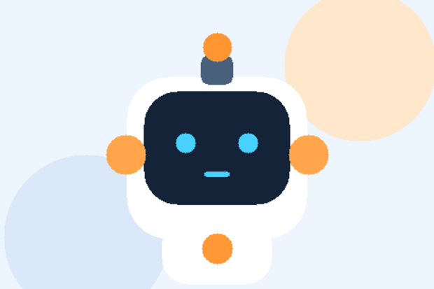 Illustration eines freundlichen Chatbot-Roboters mit blauen Augen und orangefarbenen Details